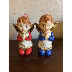 Vintage Christmas Boy & Girl Angels 1960's Kitsch Paper Mache Plaster Figurine